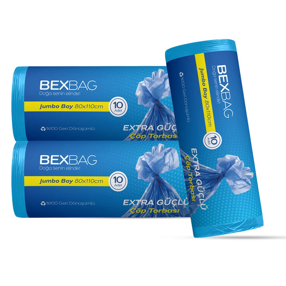 BexBag Endüstriyel Mavi Renk Jumbo Boy Rulo Çöp Torbası 10 Rulo 100 Adet